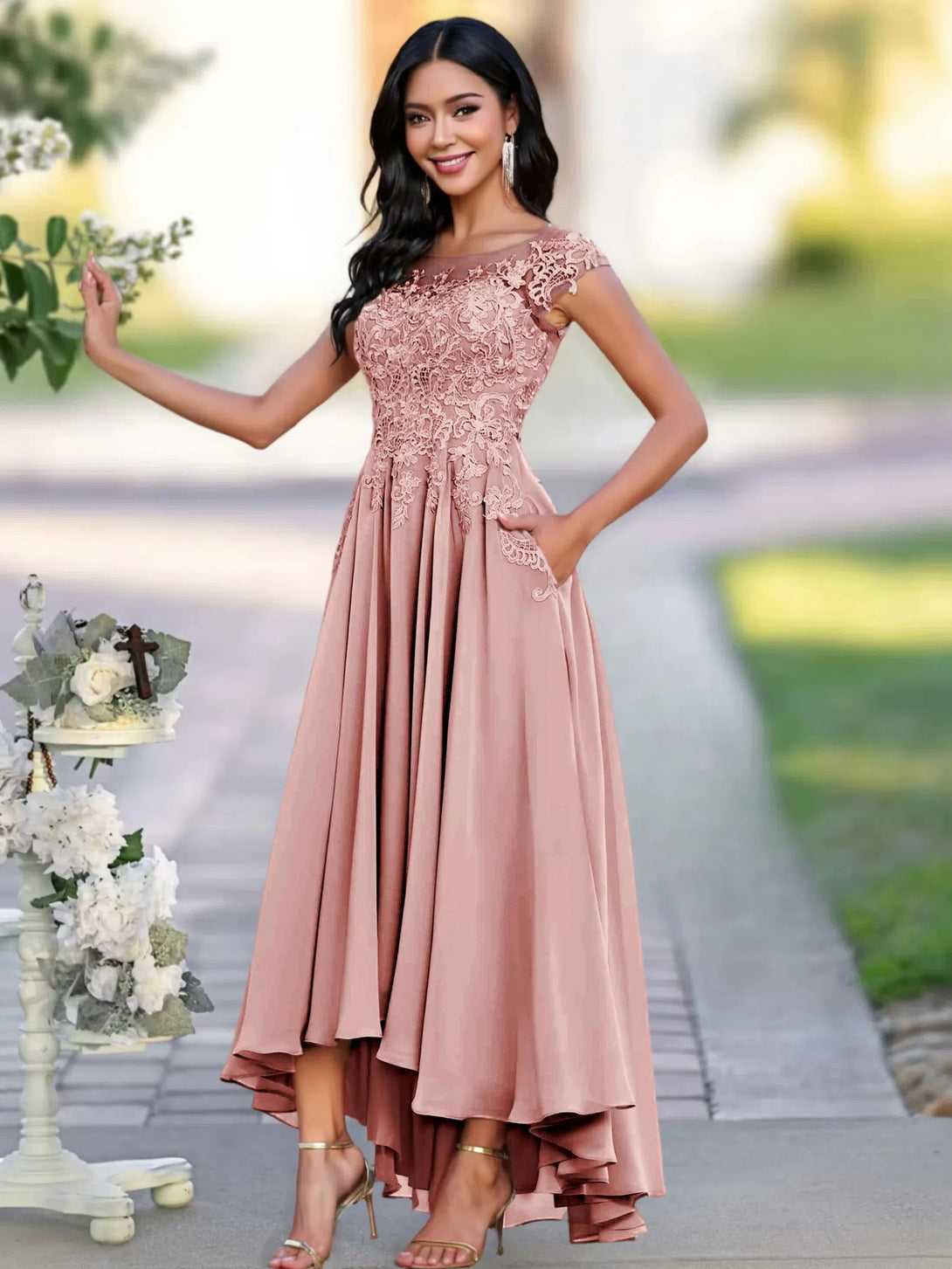 A-line Illusion Neckline Cap Sleeves Lace Appliques Chiffon Mother Of The Bride Dress BabaMila