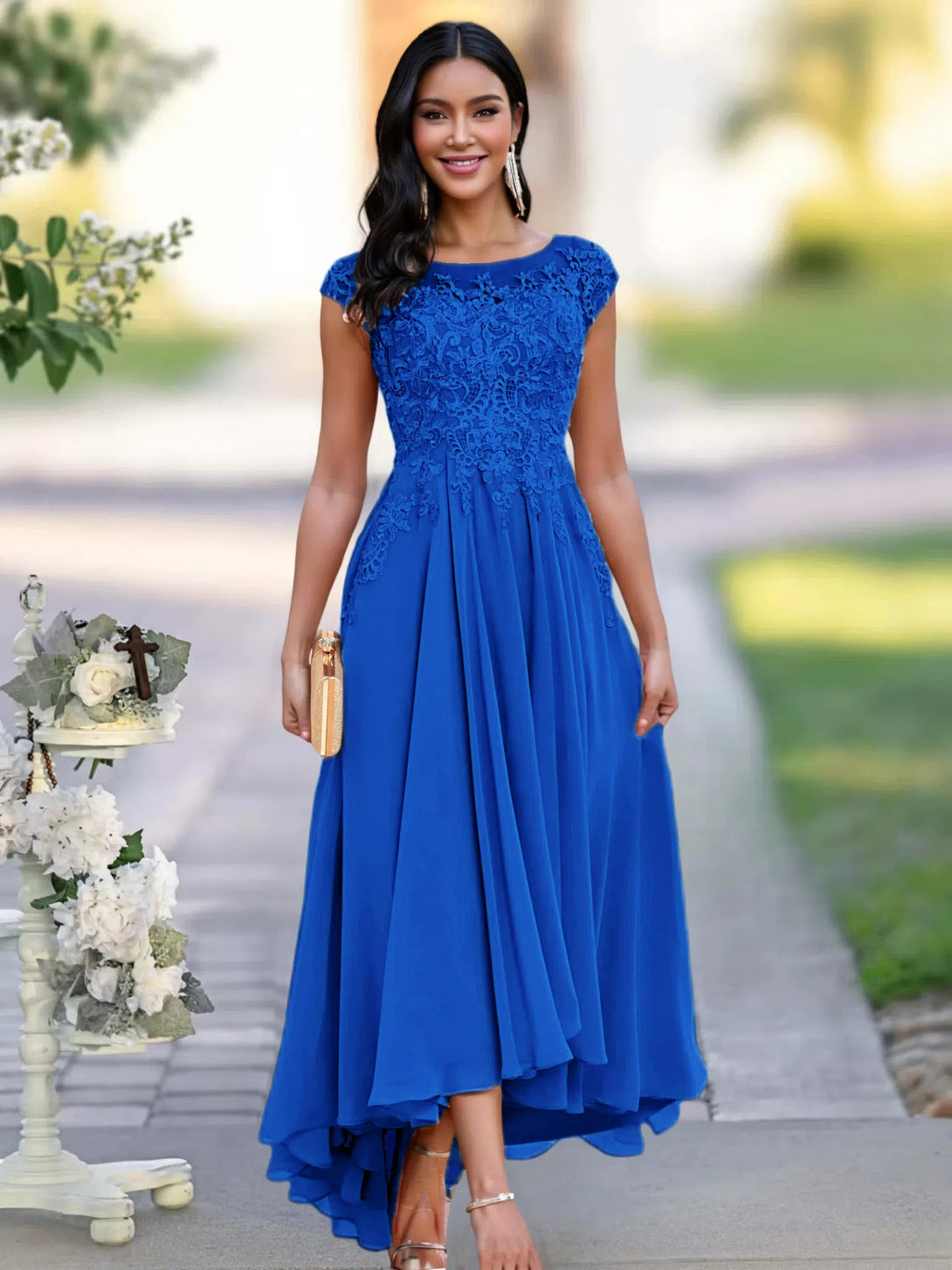 A-line Illusion Neckline Cap Sleeves Lace Appliques Chiffon Mother Of The Bride Dress BabaMila