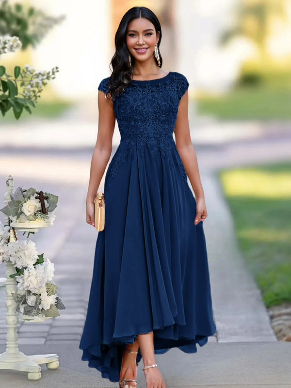 A-line Illusion Neckline Cap Sleeves Lace Appliques Chiffon Mother Of The Bride Dress BabaMila