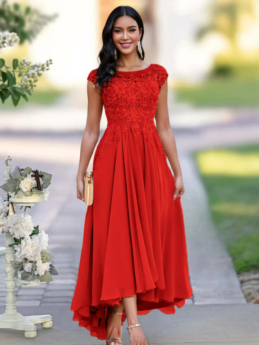 A-line Illusion Neckline Cap Sleeves Lace Appliques Chiffon Mother Of The Bride Dress BabaMila