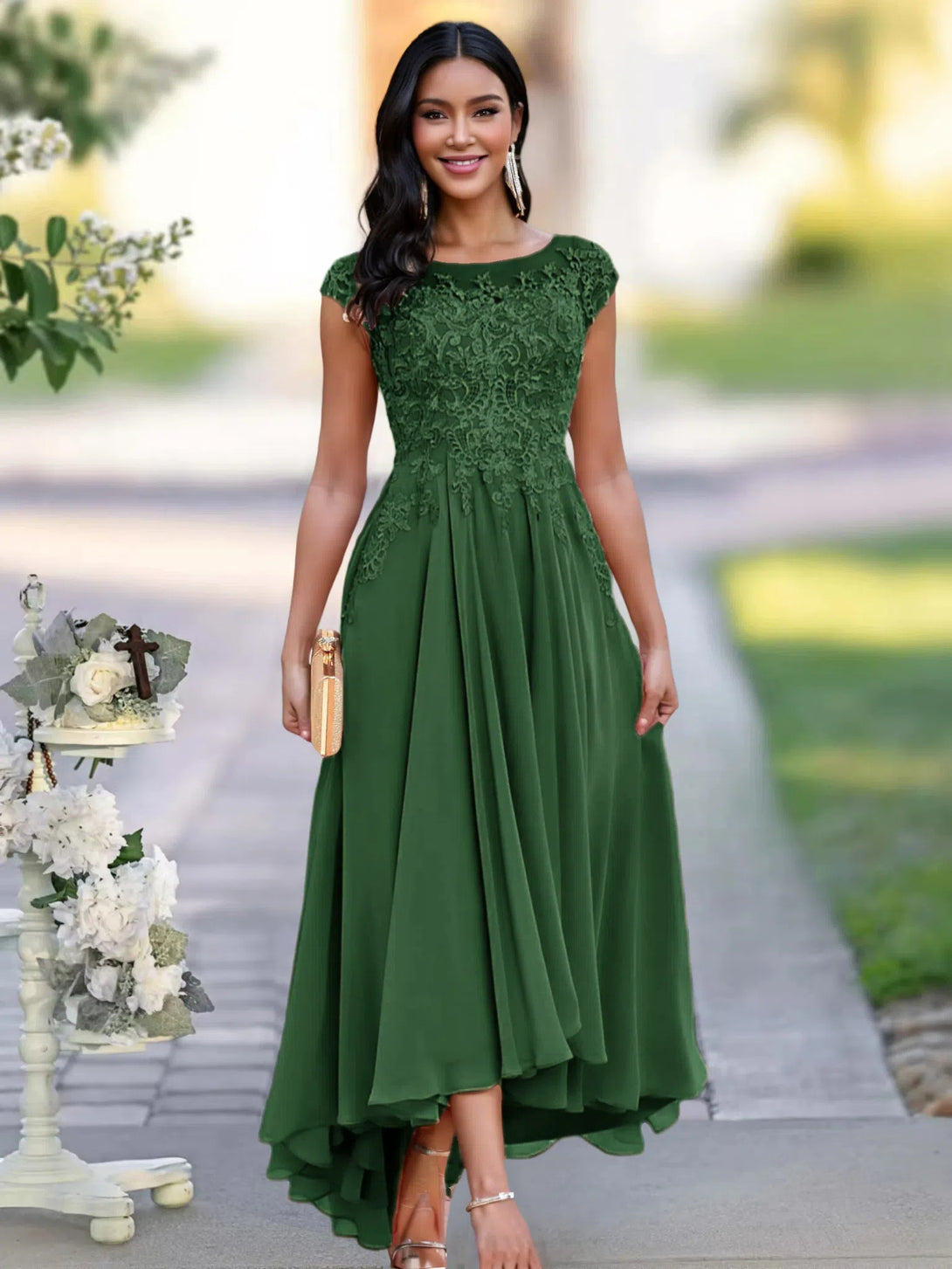 A-line Illusion Neckline Cap Sleeves Lace Appliques Chiffon Mother Of The Bride Dress BabaMila
