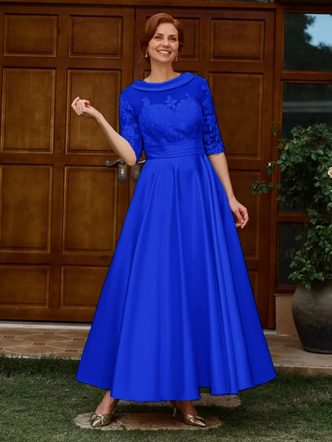 A-LINE APPLIQUES LACE ANKLE-LENGTH SATIN MOTHER OF THE BRIDE DRESS 1/2 SLEEVES BabaMila