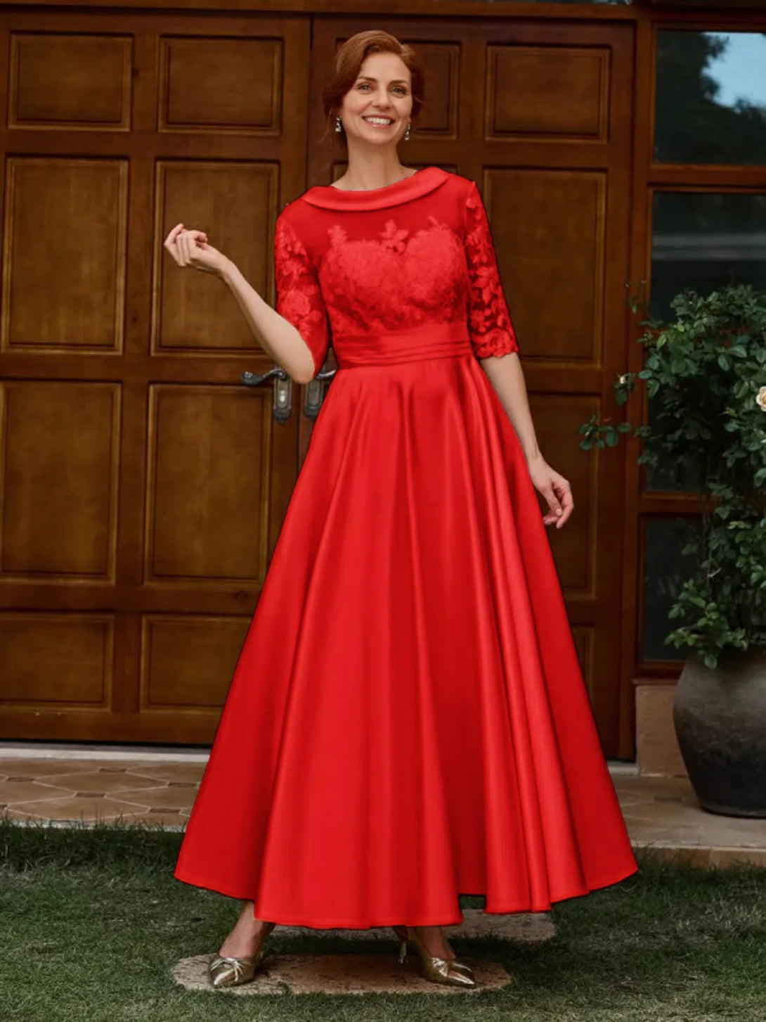 A-LINE APPLIQUES LACE ANKLE-LENGTH SATIN MOTHER OF THE BRIDE DRESS 1/2 SLEEVES BabaMila