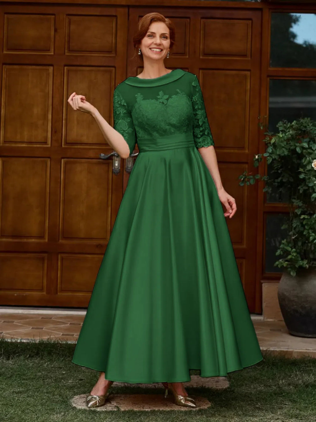 A-LINE APPLIQUES LACE ANKLE-LENGTH SATIN MOTHER OF THE BRIDE DRESS 1/2 SLEEVES BabaMila