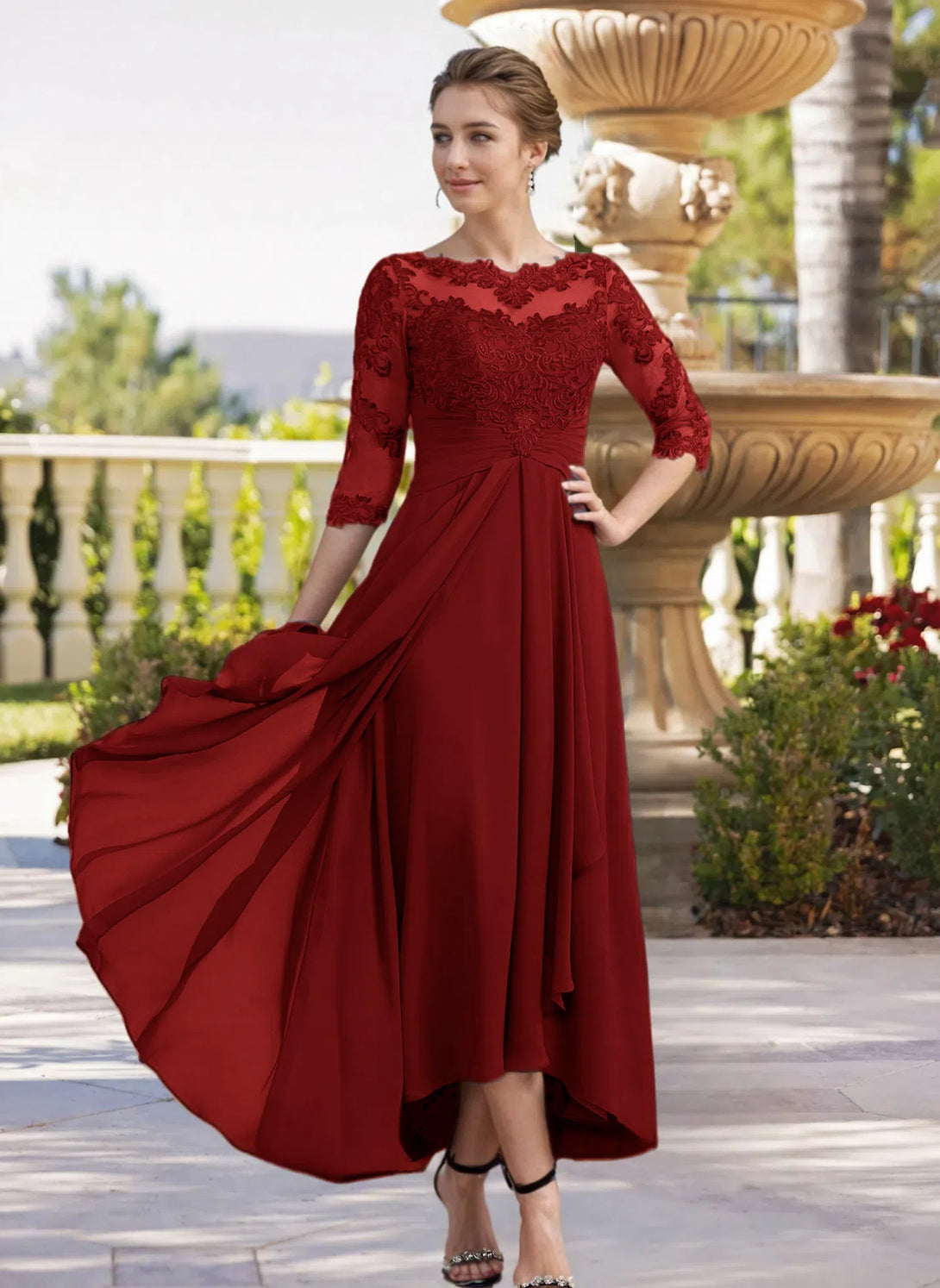 A-line Bateau 3/4 Sleeves Ruffles Asymmetrical Chiffon Lace Mother of the Bride Dress BabaMila