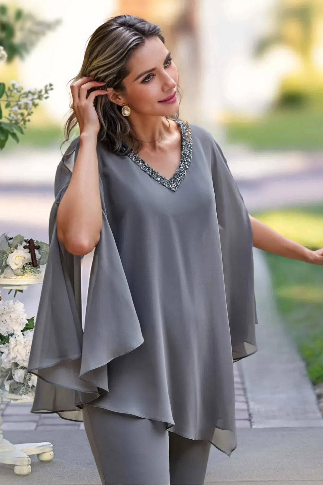 Elegant Beaded V Neck Chiffon Mother of the Bride Pant Suits BabaMila