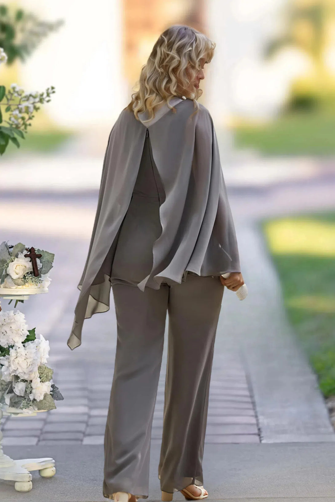 Elegant Beaded V Neck Chiffon Mother of the Bride Pant Suits BabaMila