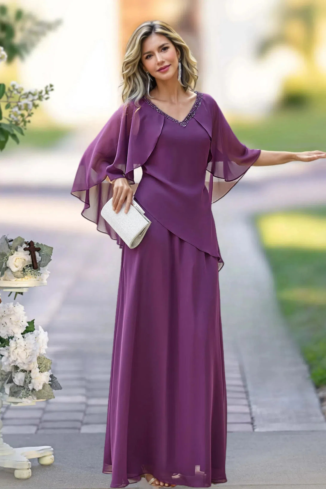 Elegant Beaded V Neck Chiffon Mother of the Bride dress BabaMila