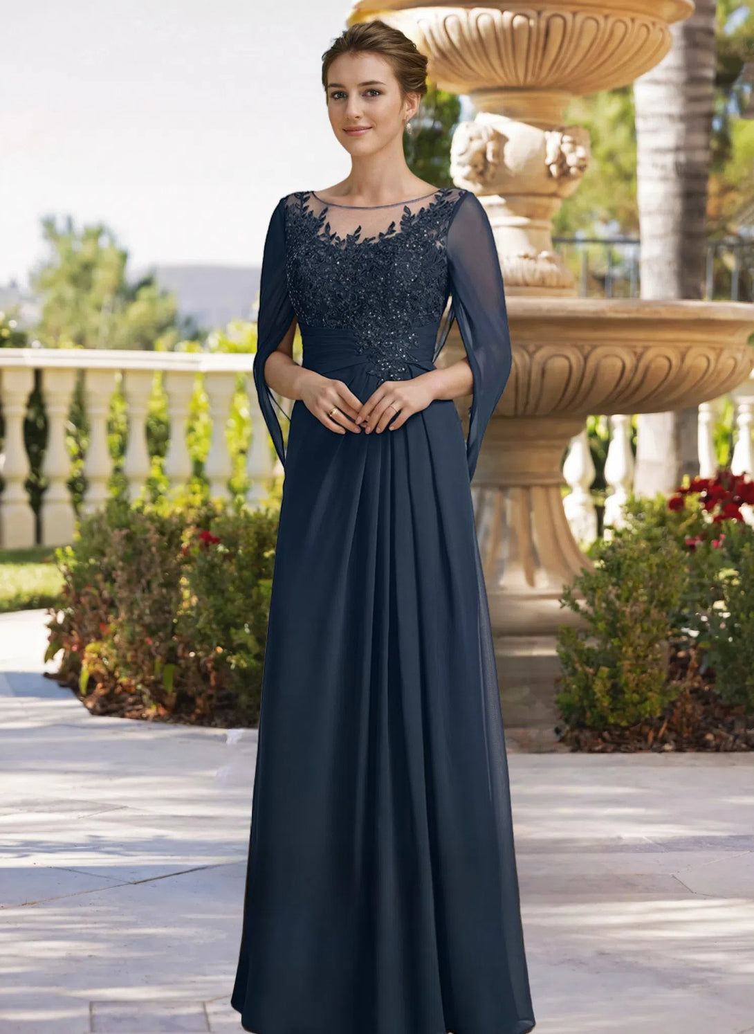 A-line Scoop Illusion Floor-Length Lace Chiffon Mother of the Bride Dress With Sequins Pleated BabaMila