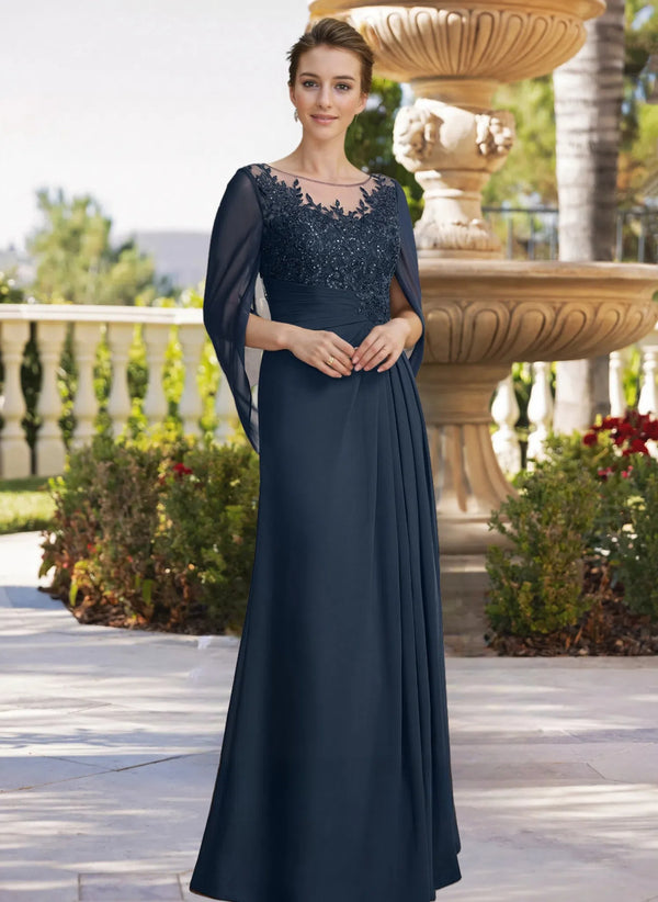 A-line Scoop Illusion Floor-Length Lace Chiffon Mother of the Bride Dress With Sequins Pleated BabaMila