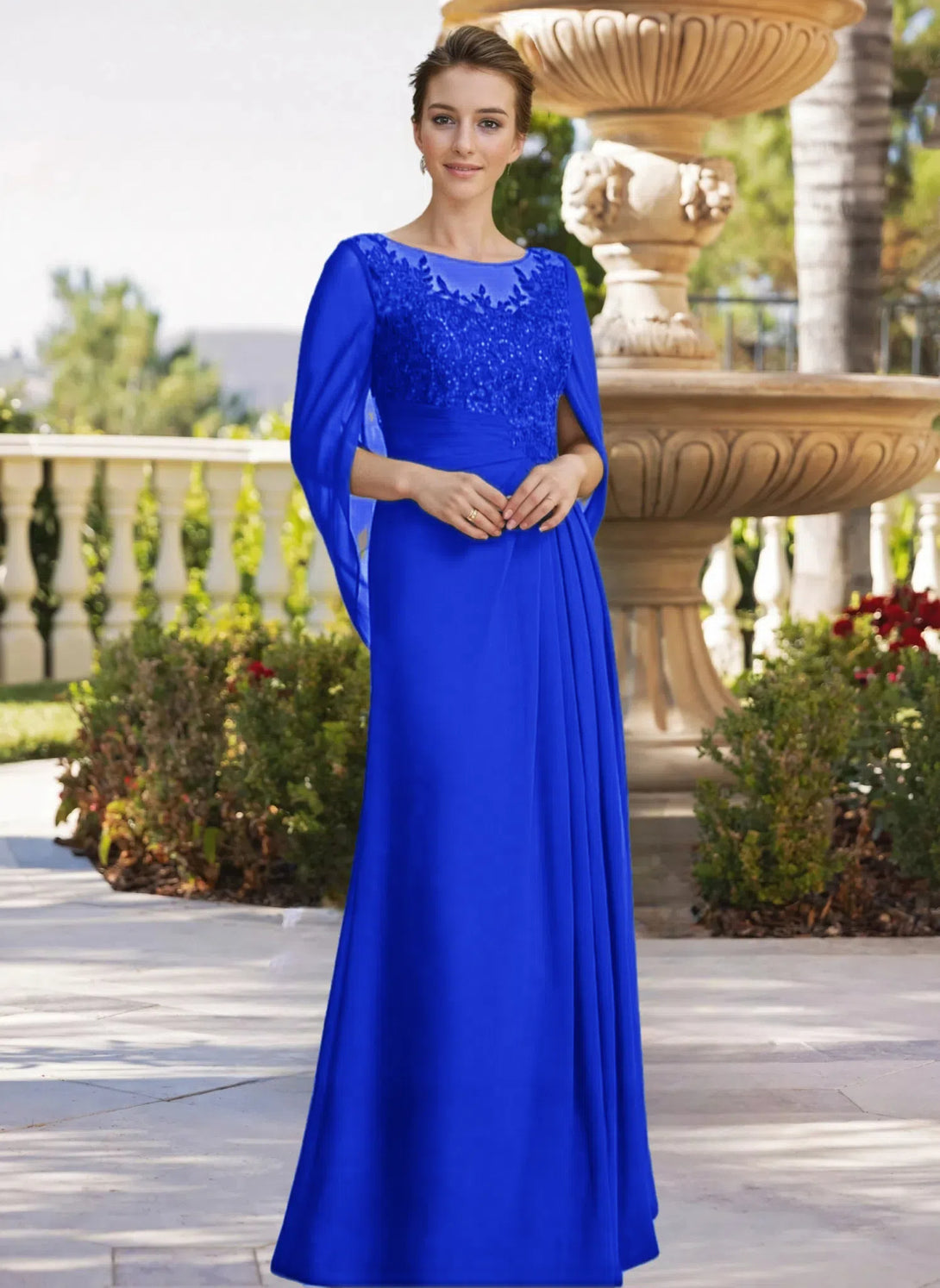 A-line Scoop Illusion Floor-Length Lace Chiffon Mother of the Bride Dress With Sequins Pleated BabaMila