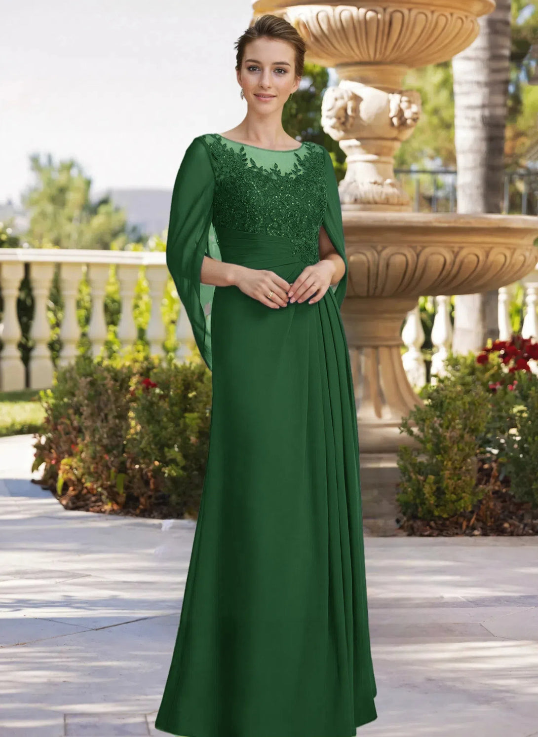 A-line Scoop Illusion Floor-Length Lace Chiffon Mother of the Bride Dress With Sequins Pleated BabaMila