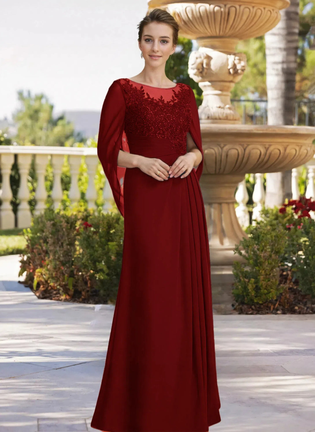 A-line Scoop Illusion Floor-Length Lace Chiffon Mother of the Bride Dress With Sequins Pleated BabaMila