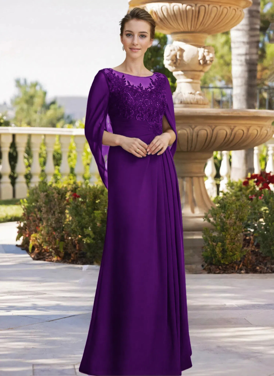 A-line Scoop Illusion Floor-Length Lace Chiffon Mother of the Bride Dress With Sequins Pleated BabaMila