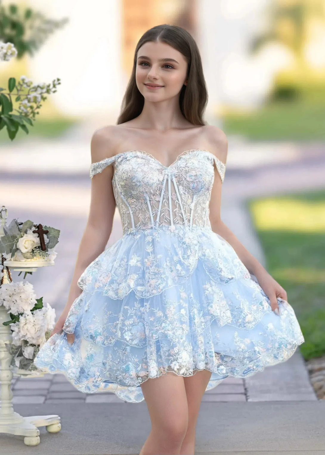 A-Line Sweetheart Tiered Sky Blue Short Homecoming Dress BabaMila