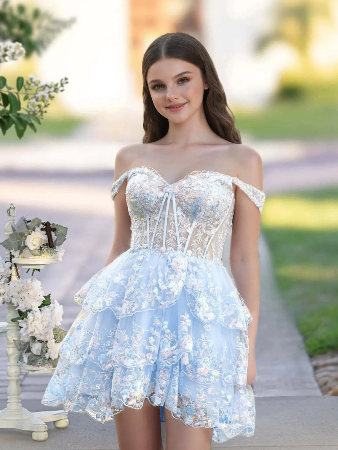 A-Line Sweetheart Tiered Sky Blue Short Homecoming Dress BabaMila