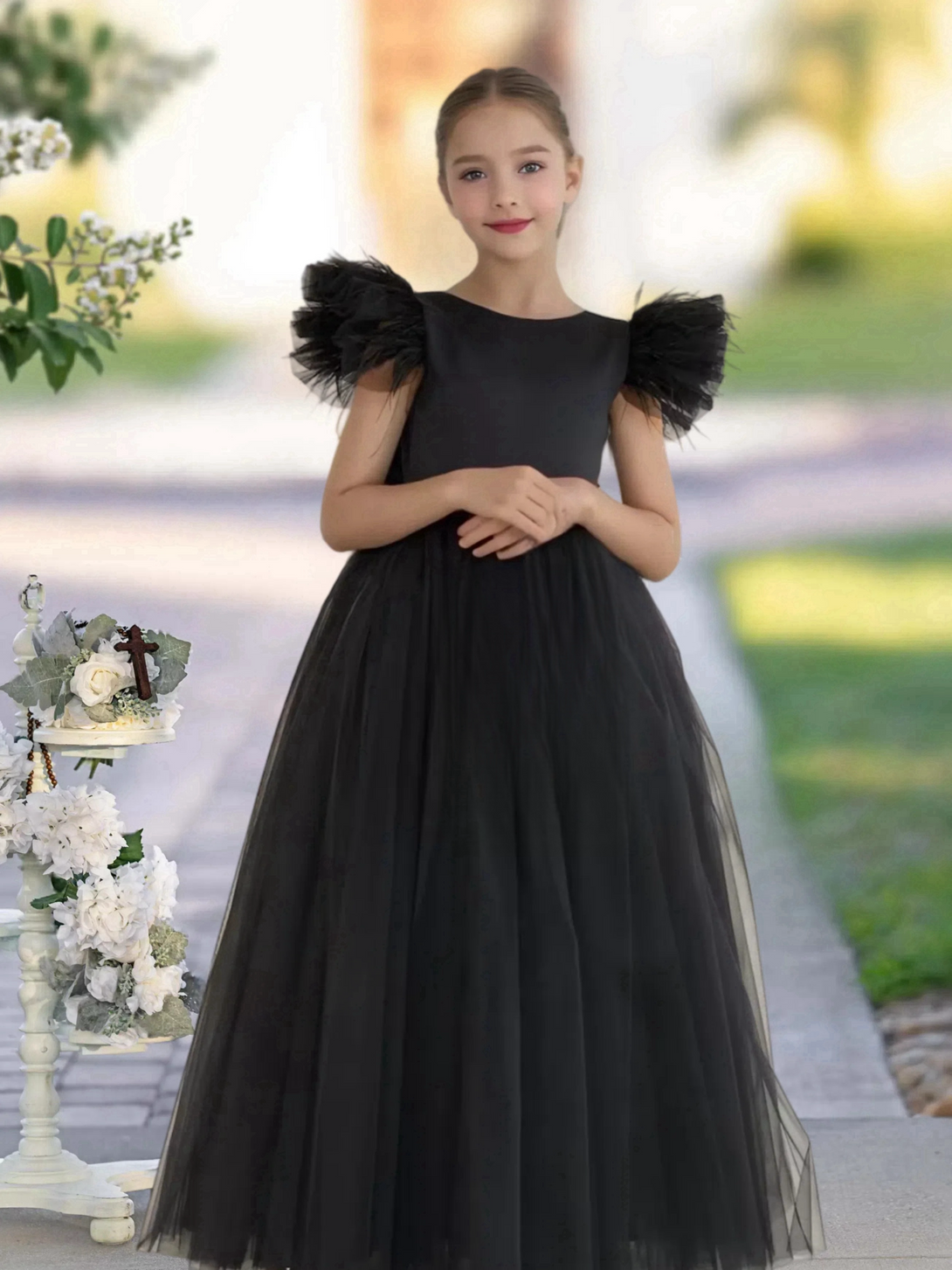 Scoop Neck Flutter Straps Classic Floor-Length Satin/Tulle Girls Birthday Dresses With Bow Gidiondress