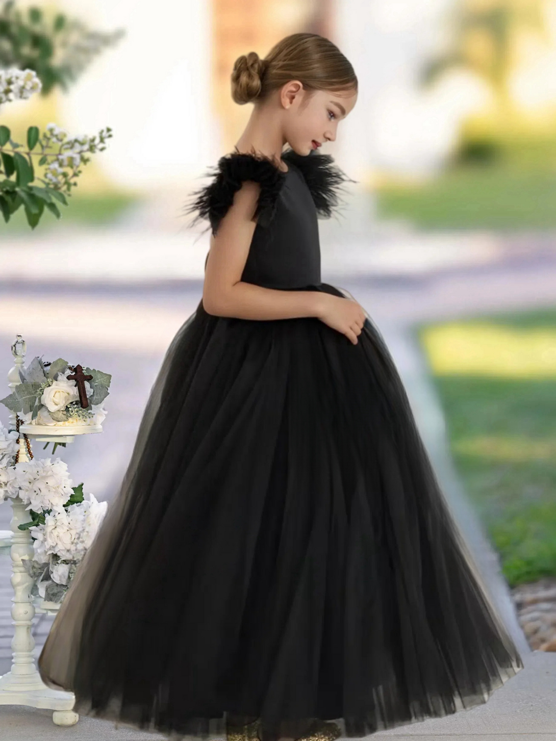 Scoop Neck Flutter Straps Classic Floor-Length Satin/Tulle Girls Birthday Dresses With Bow Gidiondress Black 12M