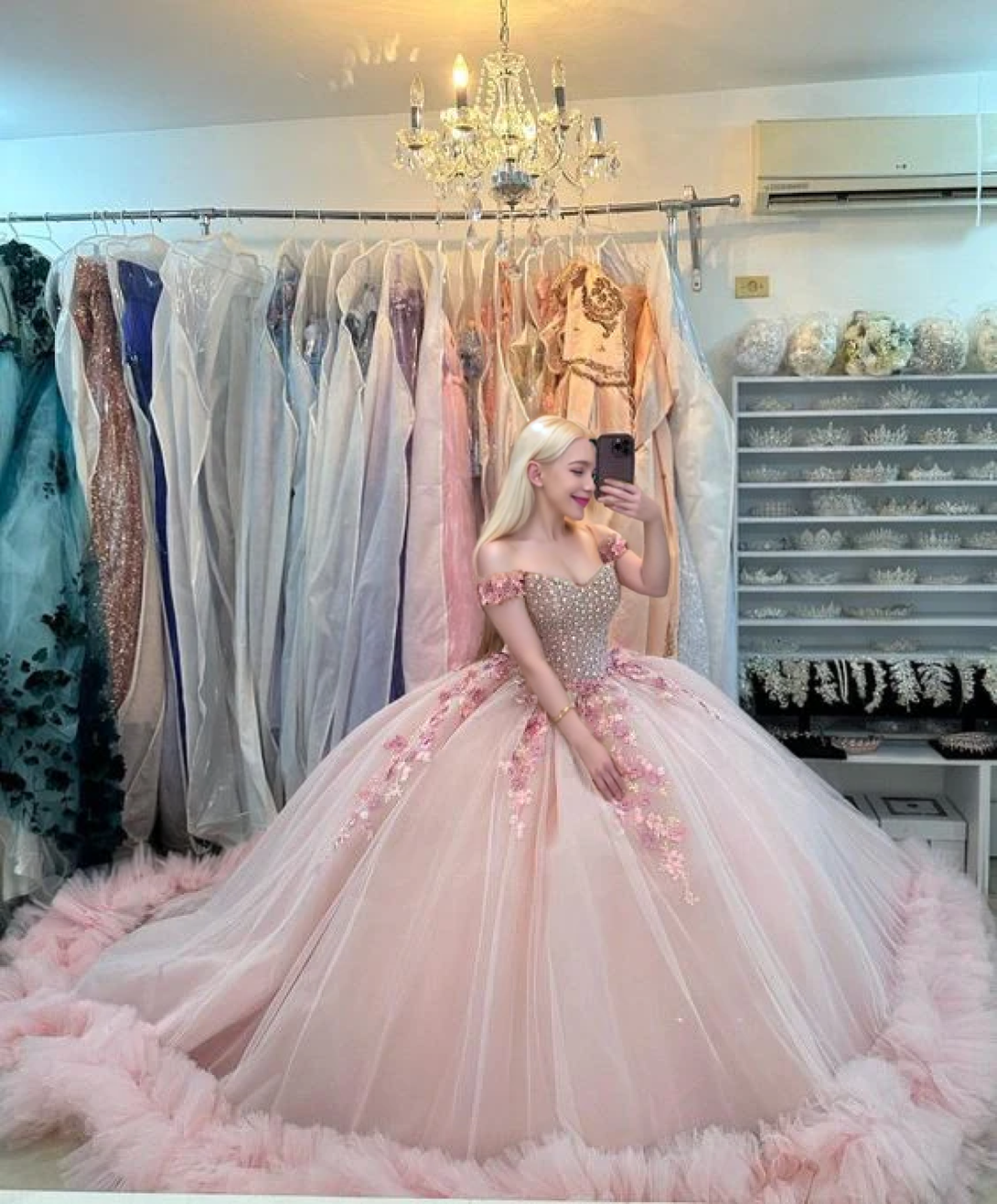 Quinceanera Ball Gown Off-the-Shoulder Sequined Pink Dress Gidiondress