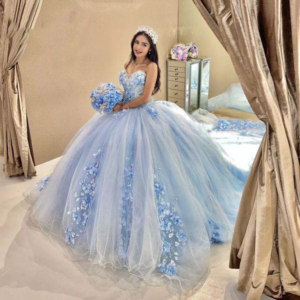 Sky Blue Tulle Ball-Gown Strapless Sleeveless Quinceanera Dresses Gidiondress