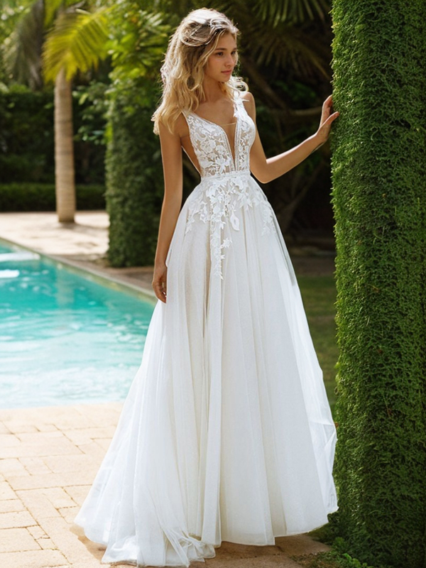 A-Line/Princess Tulle Lace V-neck Sleeveless Sweep/Brush Train Wedding Dresses BabaMila