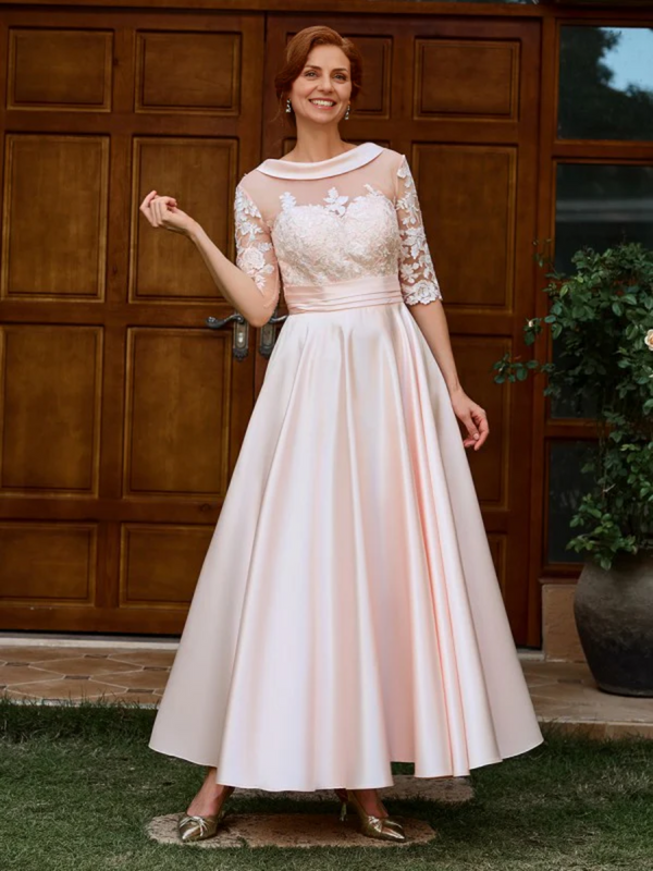 A-LINE APPLIQUES LACE ANKLE-LENGTH SATIN MOTHER OF THE BRIDE DRESS 1/2 SLEEVES BabaMila