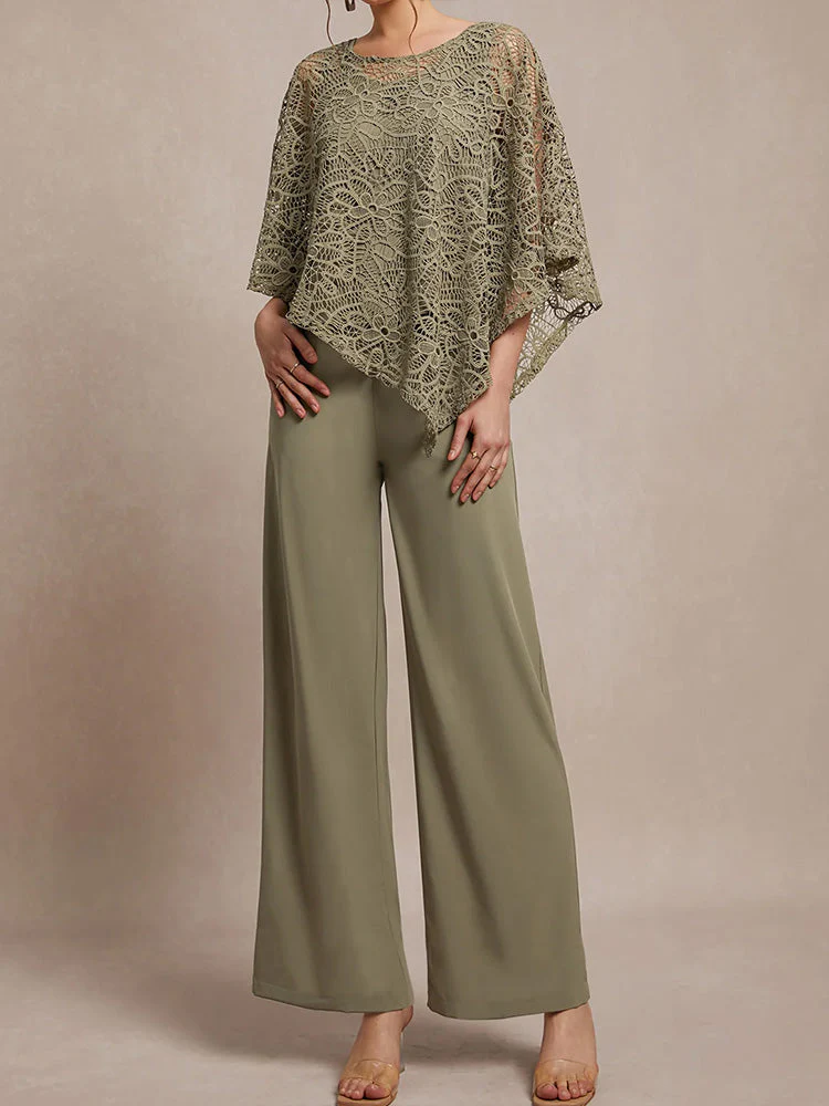 3 Pieces Lace Cape Chiffon Mother of the Bride Pant Suits BabaMila
