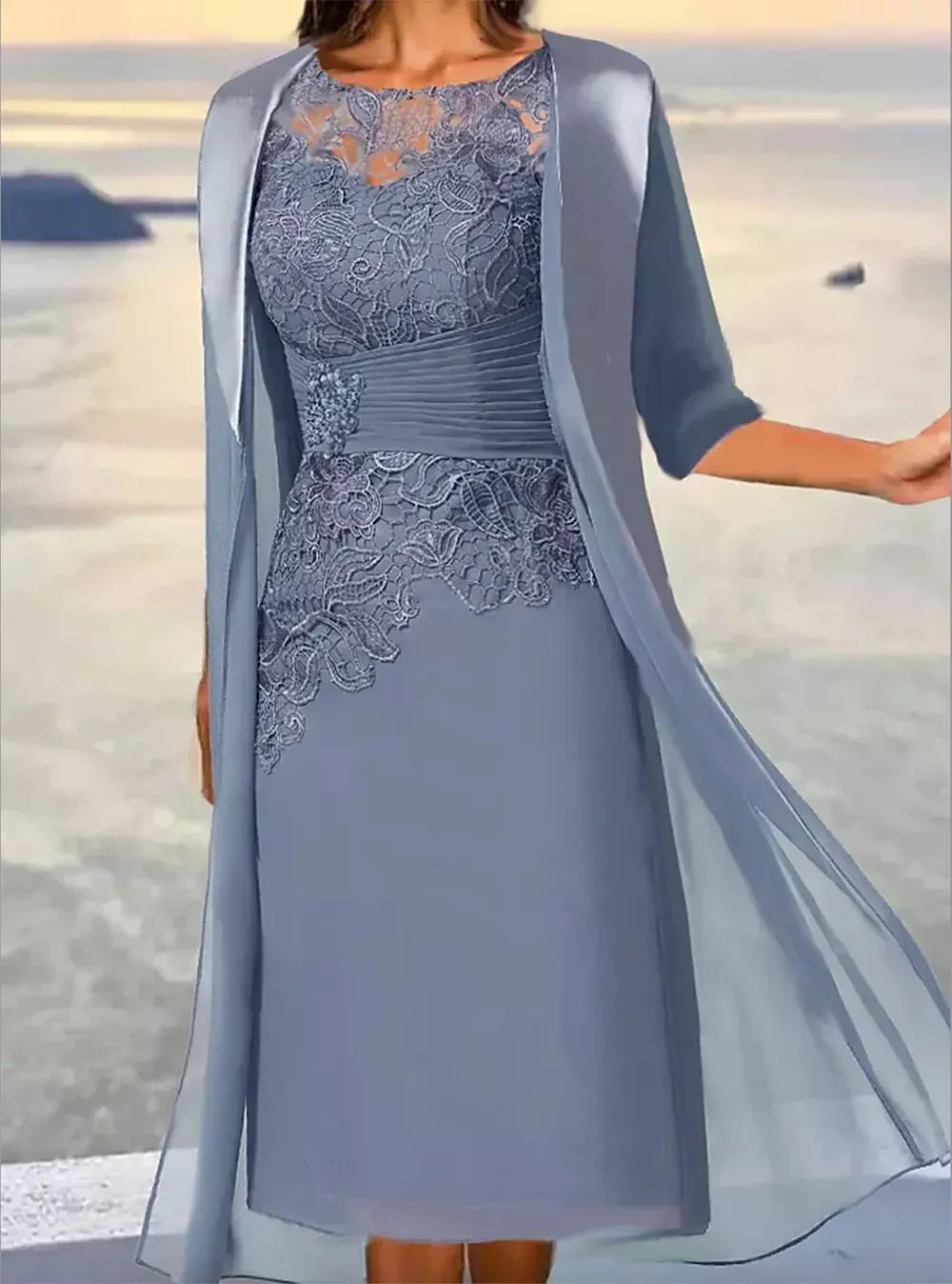 Dusty Blue Short Mother of the Bride Dresses with Jacket A-line Chiffon BabaMila