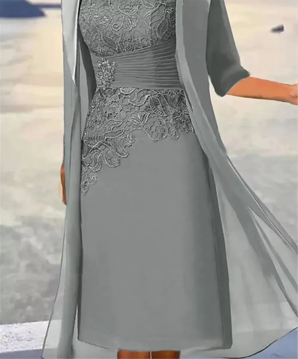 Dusty Blue Short Mother of the Bride Dresses with Jacket A-line Chiffon BabaMila