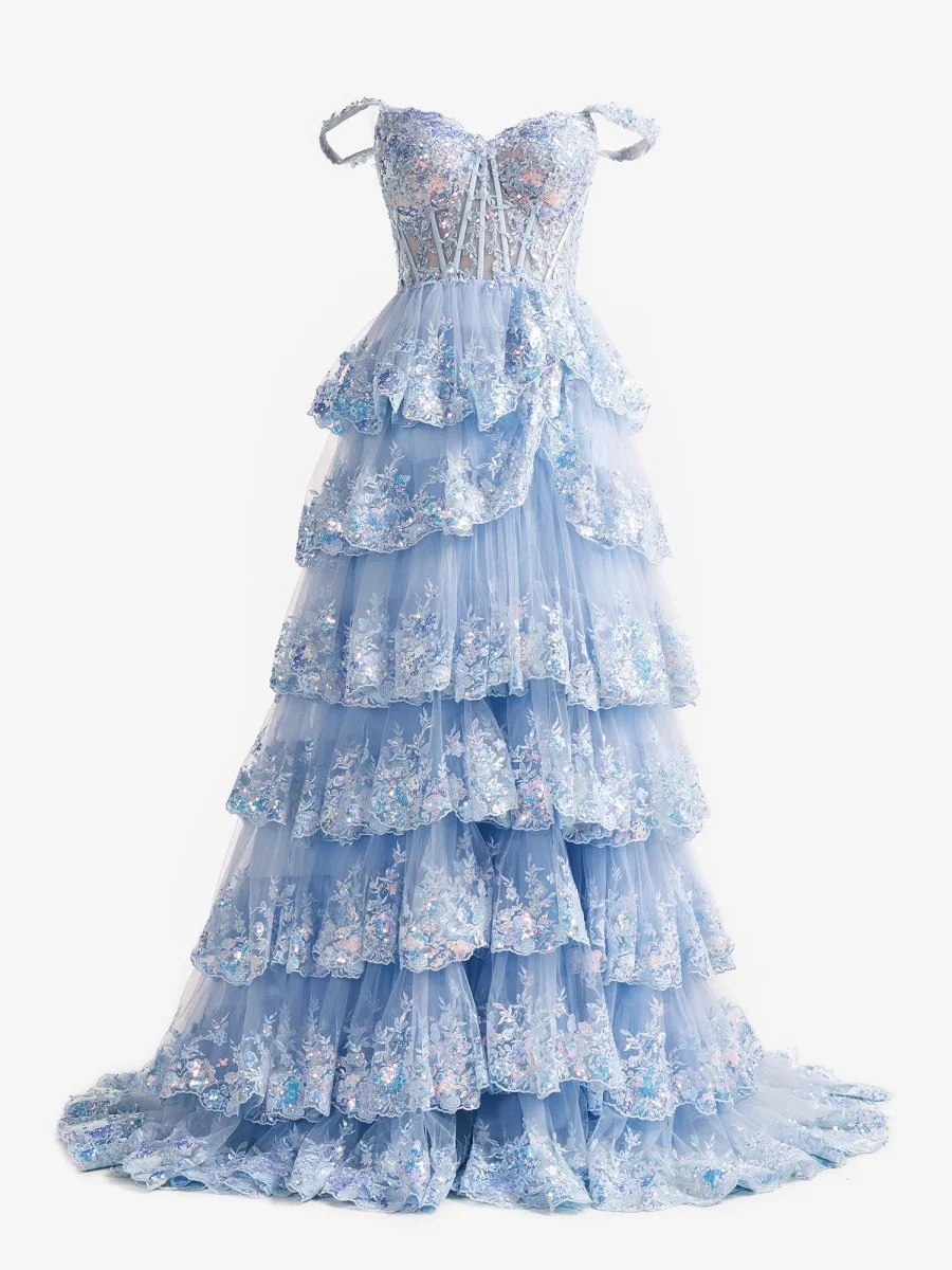 A-Line Lace Off-the-Shoulder Tiered Long Dusty Blue Prom Dress with Slit BabaMila