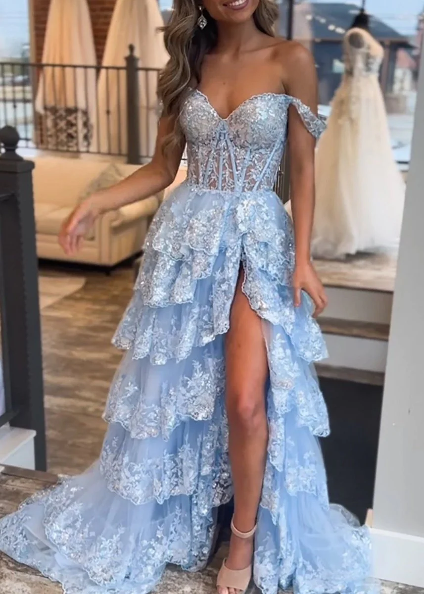 A-Line Lace Off-the-Shoulder Tiered Long Dusty Blue Prom Dress with Slit BabaMila