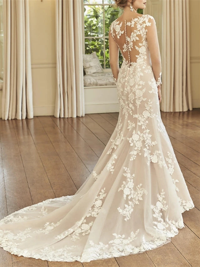 Mermaid/Trumpet Illusion Neck Long Sleeve Wedding Dresses Court Train with Embroidery BabaMila