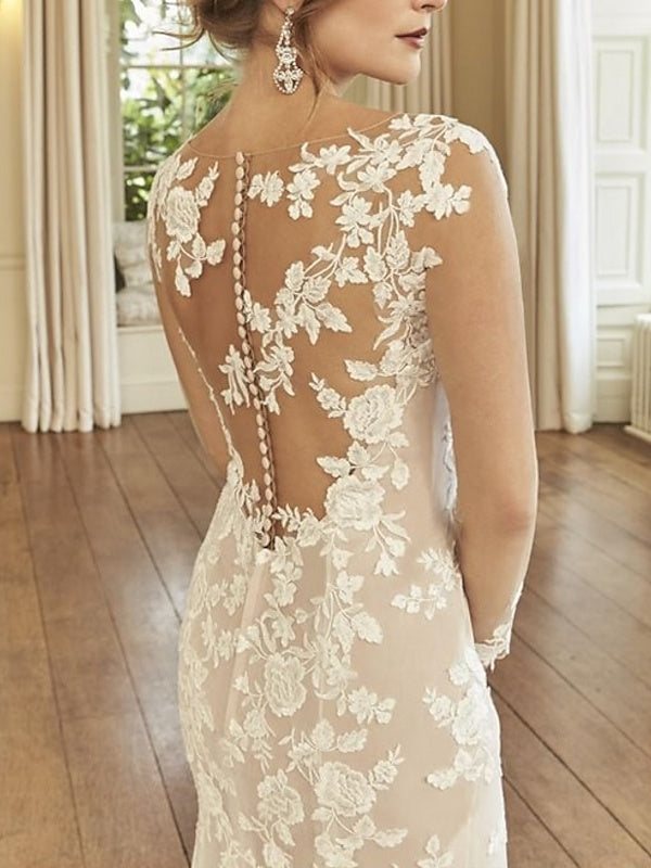 Mermaid/Trumpet Illusion Neck Long Sleeve Wedding Dresses Court Train with Embroidery BabaMila