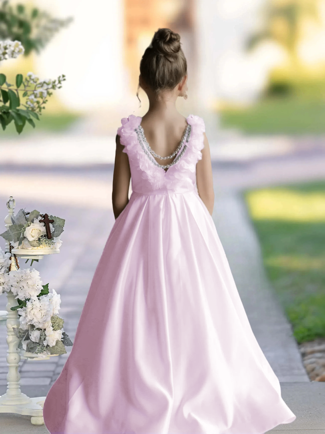 Flower Girl Dresses A-Line Sleeveless Floor-Length Satin First Communion Dresses 3D Flower Girls Gidiondress