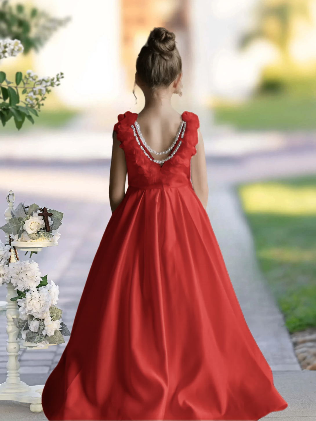 Flower Girl Dresses A-Line Sleeveless Floor-Length Satin First Communion Dresses 3D Flower Girls Gidiondress