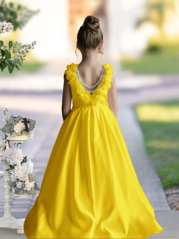 Flower Girl Dresses A-Line Sleeveless Floor-Length Satin First Communion Dresses 3D Flower Girls Gidiondress Yellow 12M