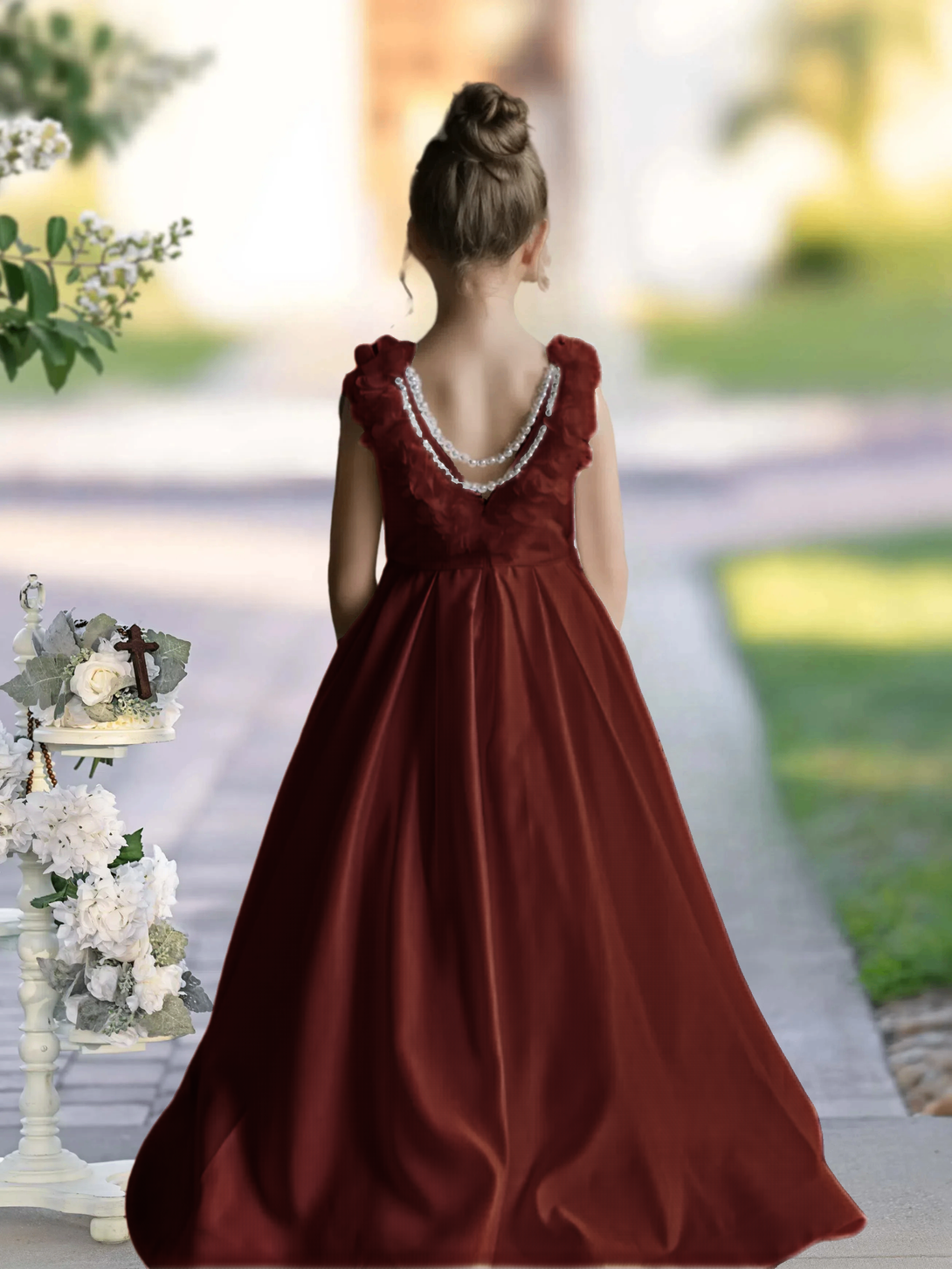 Flower Girl Dresses A-Line Sleeveless Floor-Length Satin First Communion Dresses 3D Flower Girls Gidiondress Cabernet 12M