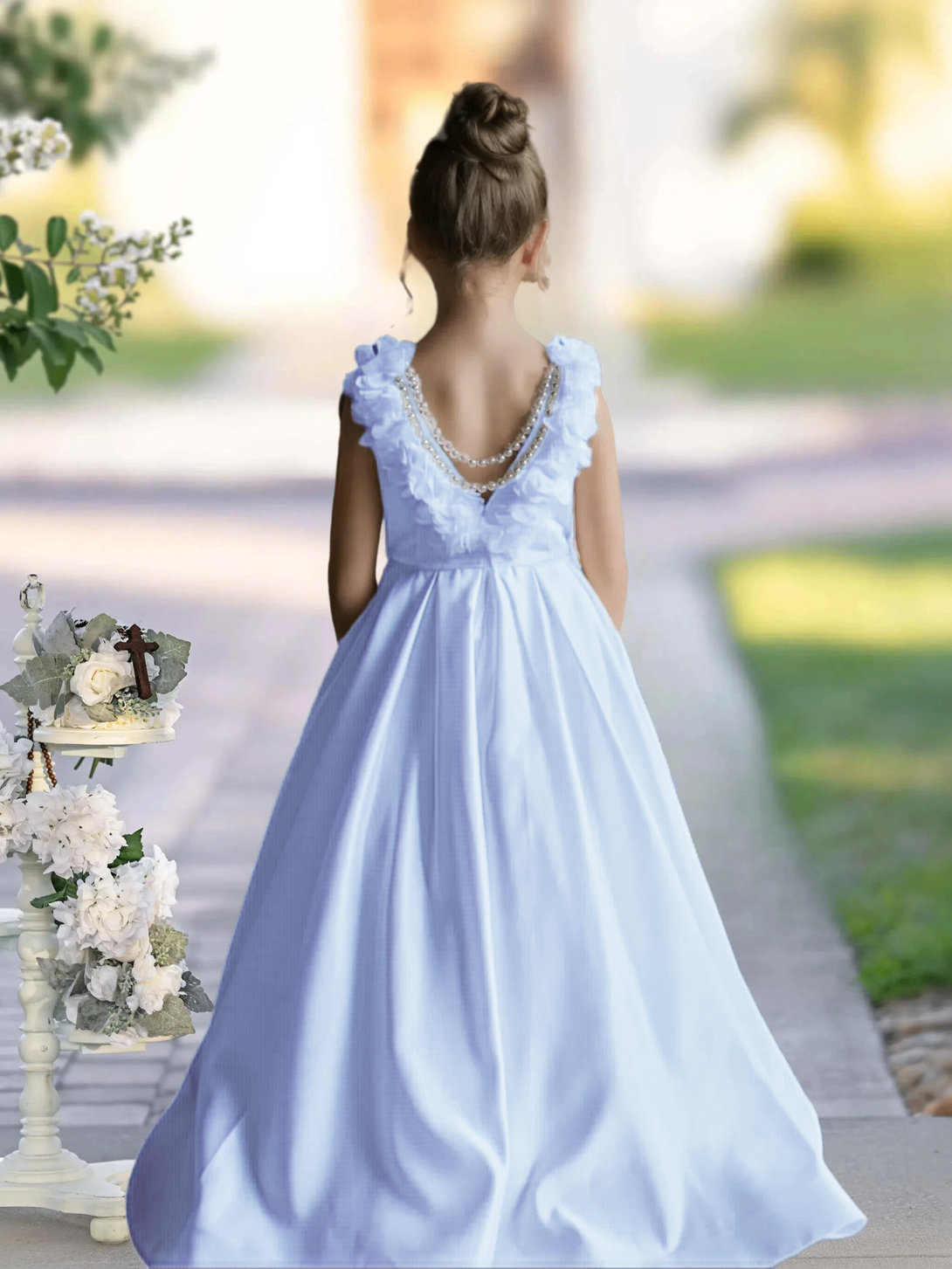 Flower Girl Dresses A-Line Sleeveless Floor-Length Satin First Communion Dresses 3D Flower Girls Gidiondress Sky Blue 12M
