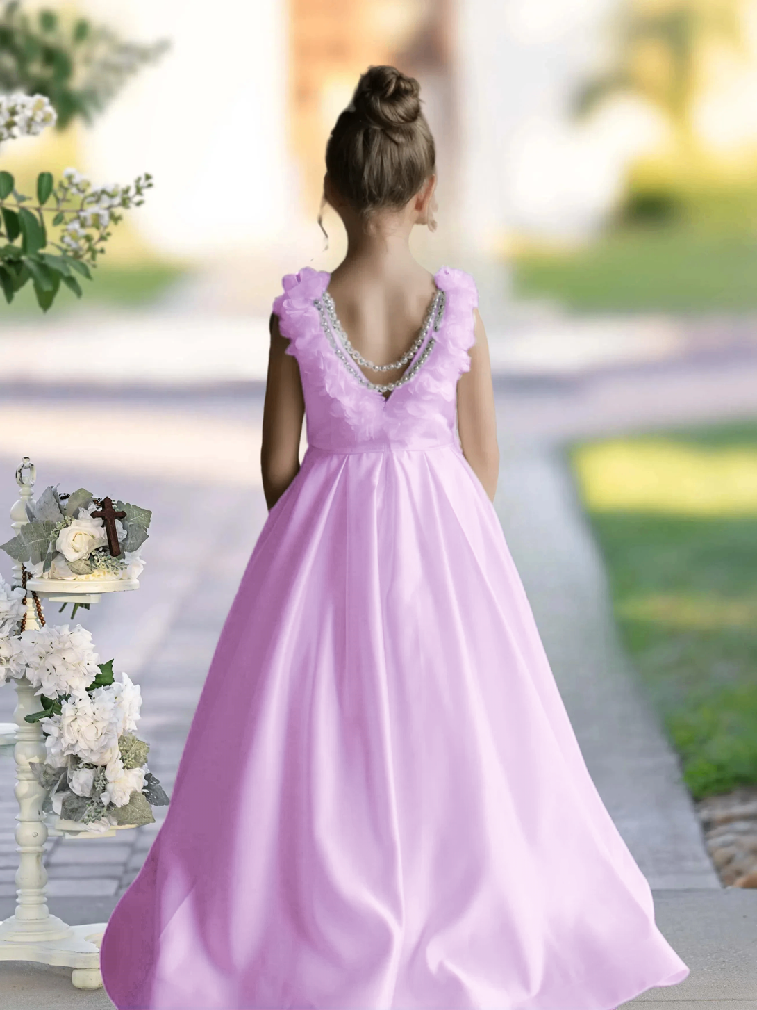 Flower Girl Dresses A-Line Sleeveless Floor-Length Satin First Communion Dresses 3D Flower Girls Gidiondress