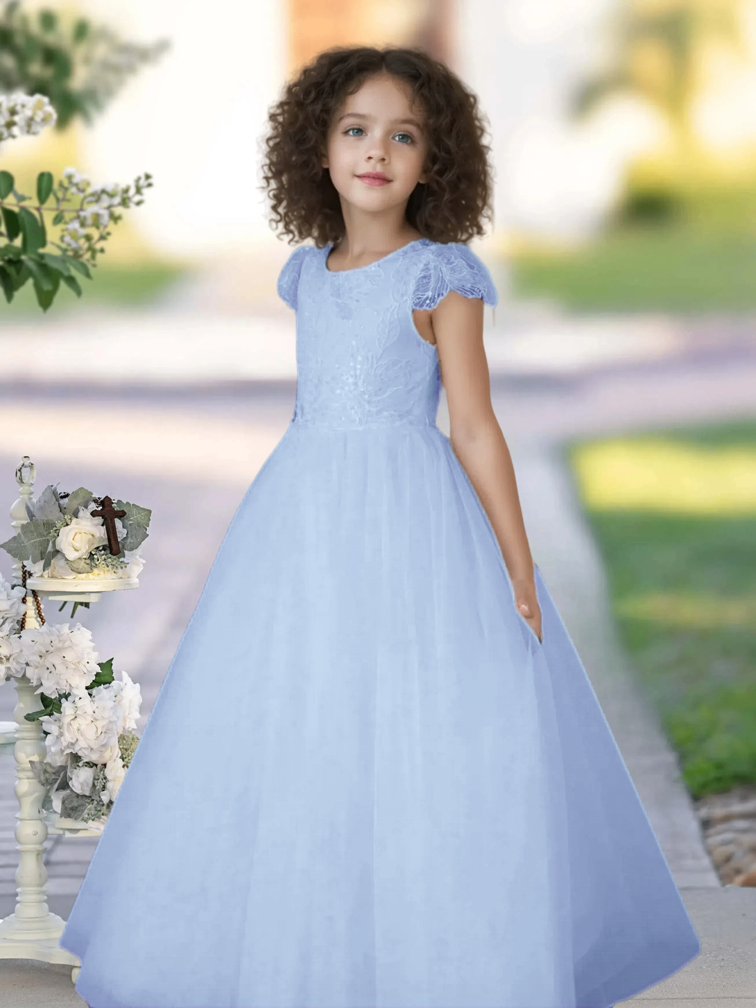 Flower Girl Dresses/Ball Gown Cap Sleeve Floor-Length Satin/Lace/Tulle First Communion Dresses Girls Gidiondress Sky Blue 12M