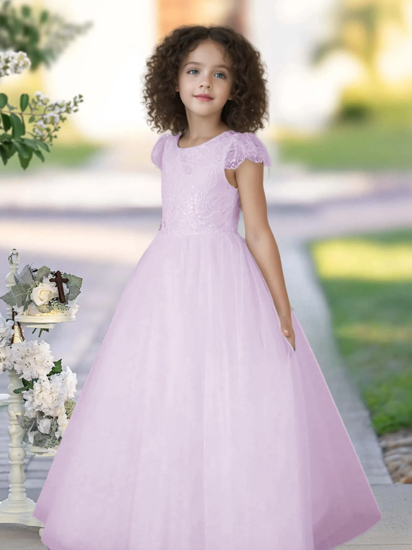 Flower Girl Dresses/Ball Gown Cap Sleeve Floor-Length Satin/Lace/Tulle First Communion Dresses Girls Gidiondress Blushing pink 12M