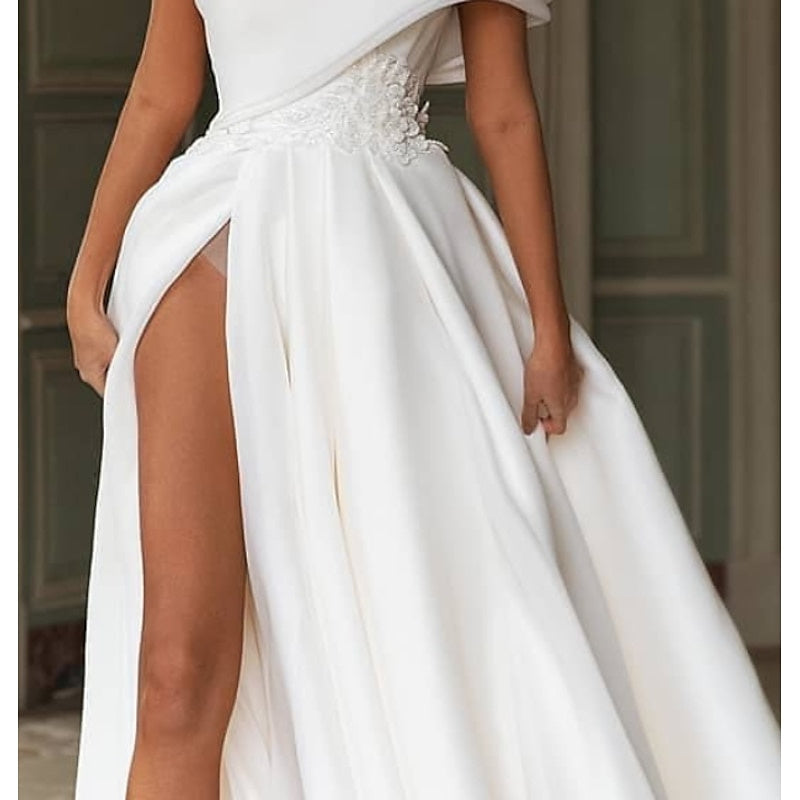 A-Line/Princess One Shoulder Wedding Dresses Court Train With Appliques Split Front BabaMila