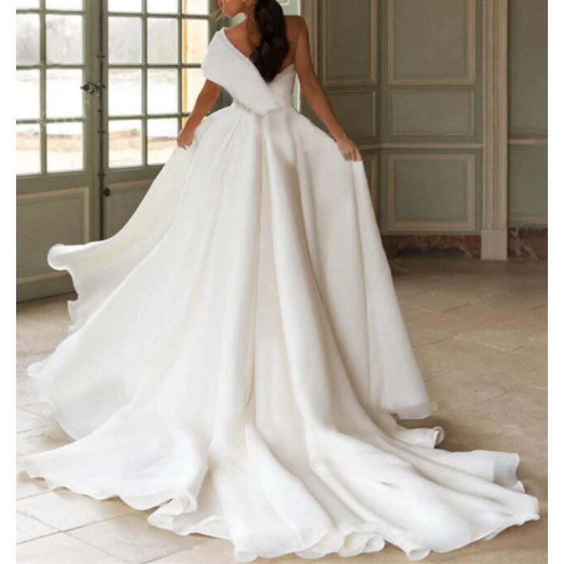 A-Line/Princess One Shoulder Wedding Dresses Court Train With Appliques Split Front BabaMila