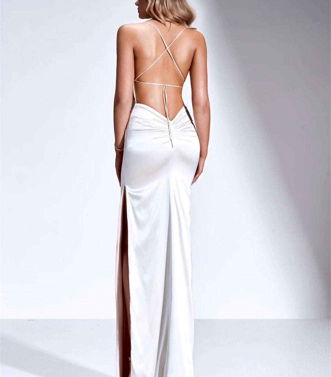 Sheath/Column Spaghetti Straps V-Neck Satin Floor-Length Long Evening Dresses with Split Side BabaMila