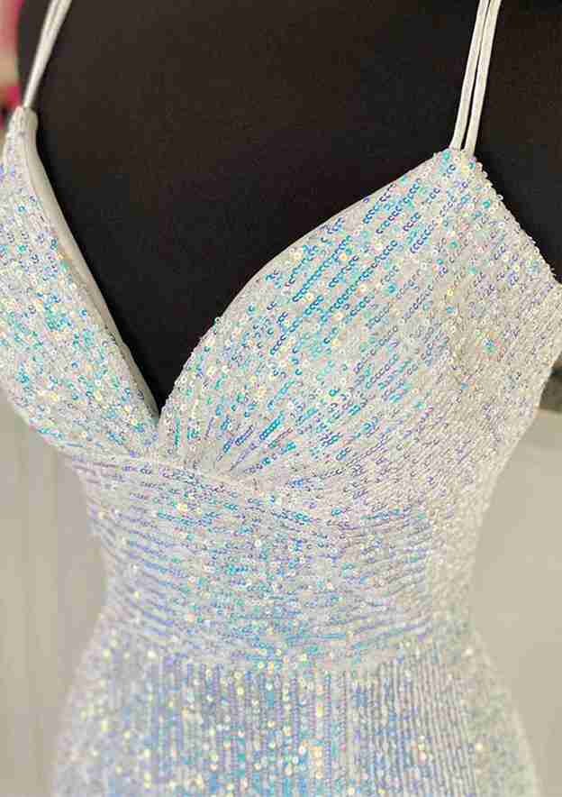 Sheath/Column V-Neck Spaghetti Straps Sweep Floor-Length Long Prom Dresses with Pleated BabaMila