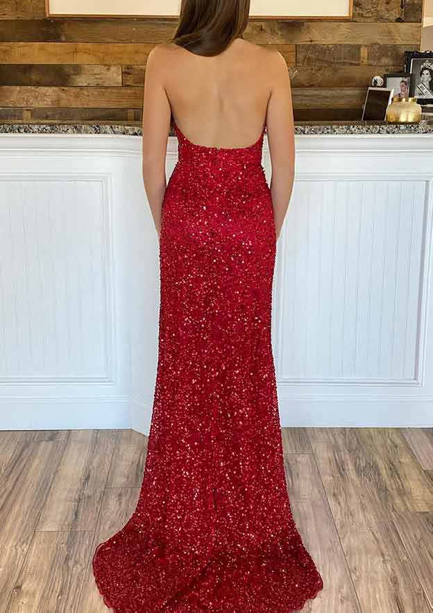 Sheath/Column V-Neck Halter Sleeveless Floor-Length Long Prom Dresses with Split Side BabaMila