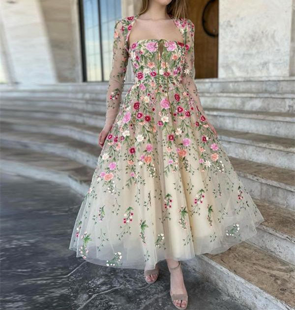 A-Line/Princess Tulle/Lace Square Neck Long Sleeve Tea-Length Evening Dress with Embroidery BabaMila