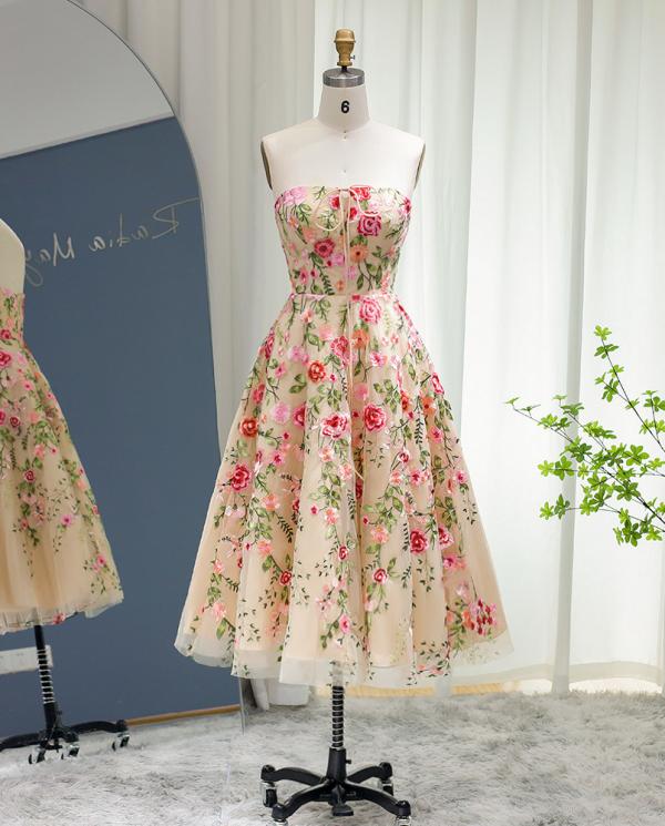 A-Line/Princess Tulle/Lace Square Neck Long Sleeve Tea-Length Evening Dress with Embroidery BabaMila