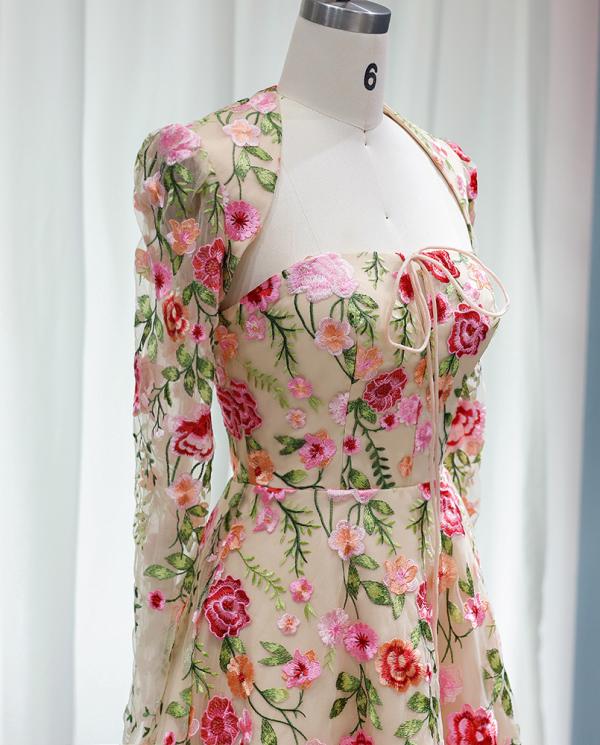 A-Line/Princess Tulle/Lace Square Neck Long Sleeve Tea-Length Evening Dress with Embroidery BabaMila