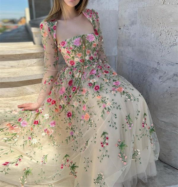 A-Line/Princess Tulle/Lace Square Neck Long Sleeve Tea-Length Evening Dress with Embroidery BabaMila